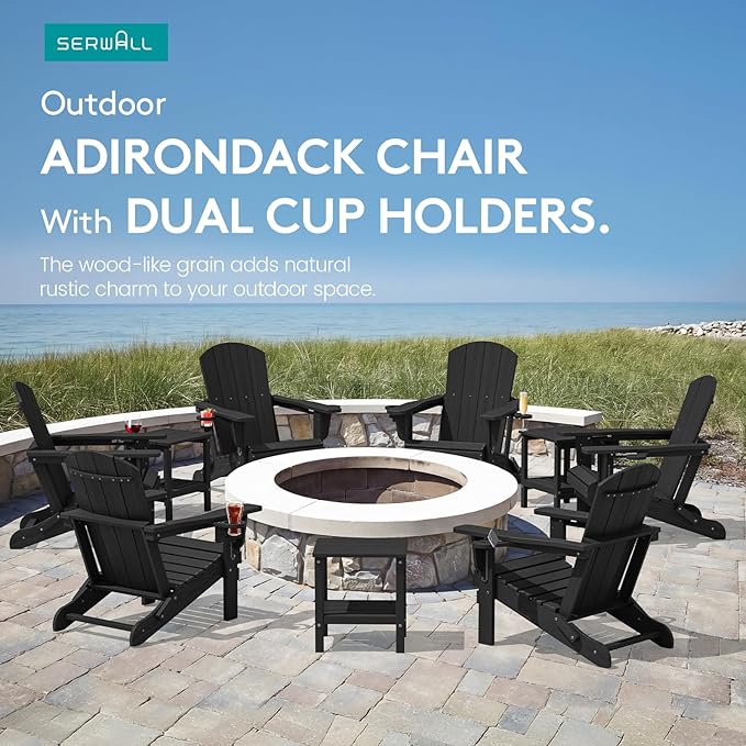 SERWALL Folding Adirondack Chairs with Dual Cup Holder, HDPE Adirondack Chairs Set of 4, Plastic Outdoor Chairs,Black