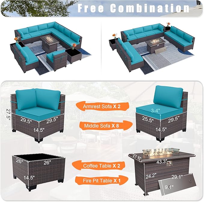 Patio Furniture Set with Fire Pit Table 13-Pieces Outdoor Sectional Furniture Outdoor Rattan Patio Conversation Sets with 43in Propane Gas Fire Pit Table and Glass Table, Blue