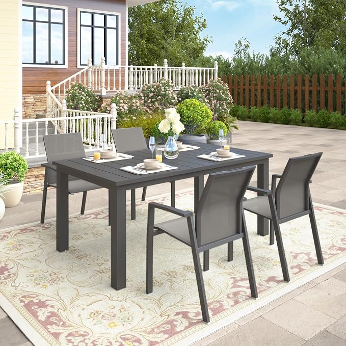 Wisteria Lane 5 Piece Aluminum Outdoor Patio Dining Sets with Fully Assembled Dining Chair,91.3" L×39.4" W Expandable Patio Table and Chairs Set for 4, Stackable Chairs with Quick Drying Fabric, Grey