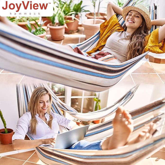 JoyView Brazilian Hammock for Single Preson - 78.8x39.4” Portable Cotton Hammock with Hanging Ropes & Carry Bag Large for Patio 300LBS Capacity Perfect for Outdoor/Indoor - Green/Black Stripe