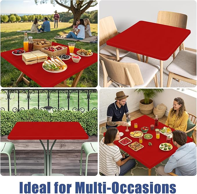 Moosfor Spandex Picnic Christmas Table Cloth 2 Pack, Elastic Fitted Tablecloths for Square Tables, Stretch Washable Patio Table Cover for Outdoor, Camping, Banquet and Parties (Red, 34"x34")