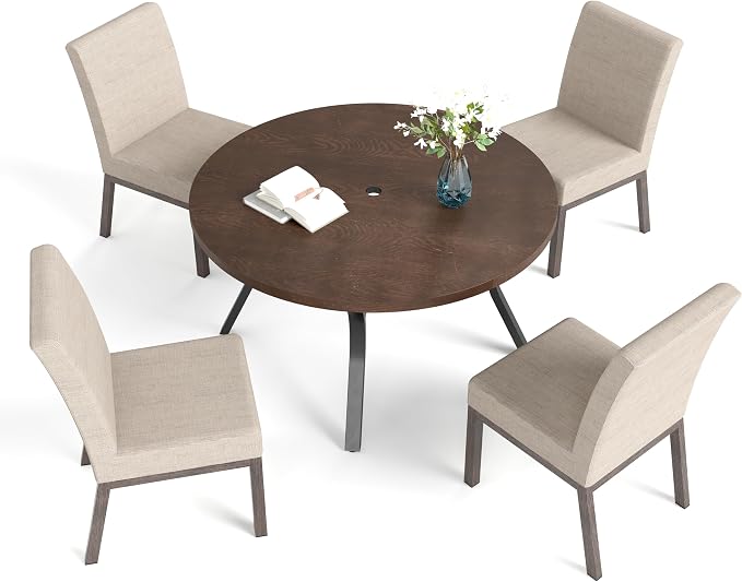 HERA'S HOUSE 5-Piece Patio Dining Set, 4 Metal Cushioned Chairs, Beige | 44" round wood-look metal table, Umbrella hole, E-coated and powder-coated steel frame, All-weather design