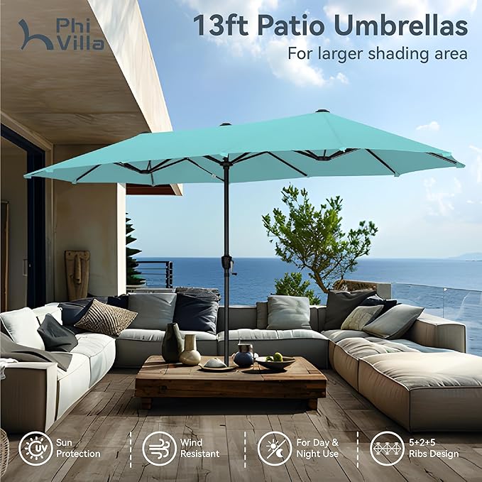PHI VILLA 13ft Large Patio Umbrellas, Double-Sided Outdoor Market Rectangle Umbrella for Outside, Turquois