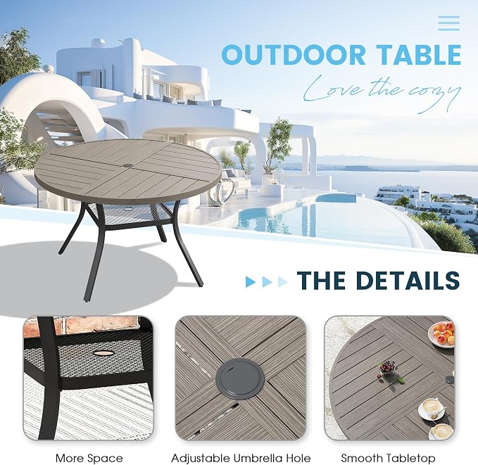 5 Pieces Patio Furniture Dining Set, 4 Textilene Swivel Dining Chairs, 41" Outdoor Round Metal Table with Storage Shelf and 1.57" Umbrella Hole, Outdoor Dining Set for Porch, Lawn, Grey/Sand