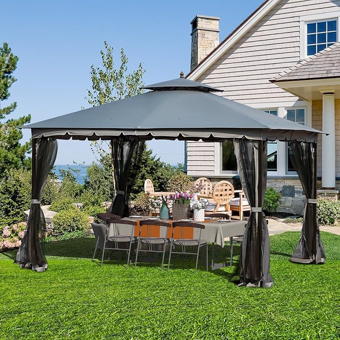 Bezseller 10x12 Outdoor Patio Gazebo with Powder-Coated Metal Frame - Stable Double-Tier Canopy with Zip Mesh Sidewalls for Backyard Dining & Entertaining, Grey