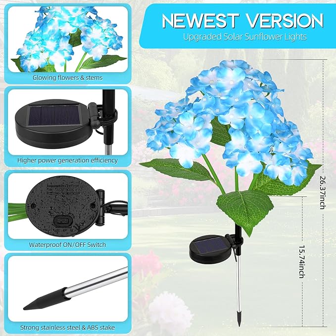 Solar Path Lights Outdoor 4 Pack, LED Blue Hydrangea Flower Decor, Waterproof Auto On/Off, Bigger Solar Panel for Yard, Patio, Garden Walkway Decoration Gift for Mom (Blue)