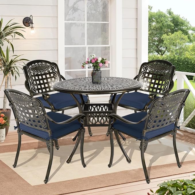5-Piece Outdoor Patio Dining Set, All-Weather Cast Aluminum Patio Furniture Set for Backyard Garden Deck with 4 Chairs, 4 Cushions and 35.4" Round Table, 2" Umbrella Hole, Navy