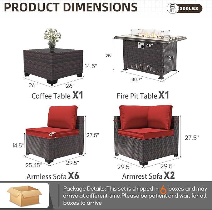 Patio Furniture Set with Fire Pit Table 10 Pieces Outdoor Sectional Sofa Set,PE Rattan Wicker Patio Conversation Set w/43in 55000 BTU Propane Fire Pit Table,Red