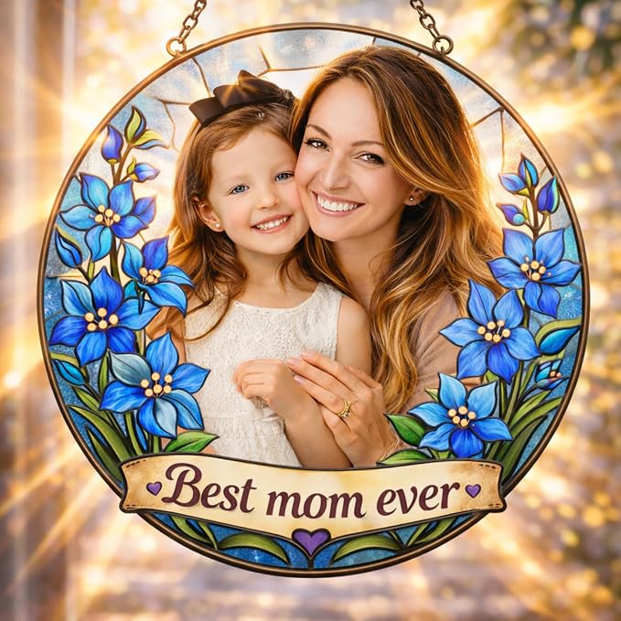 Personalized July Larkspur Birth Flower Stained Glass Suncatcher – Custom Photo & Name Window Hanging Keepsake Gift for Mom, Grandma, Mother’s Day or July Birthday