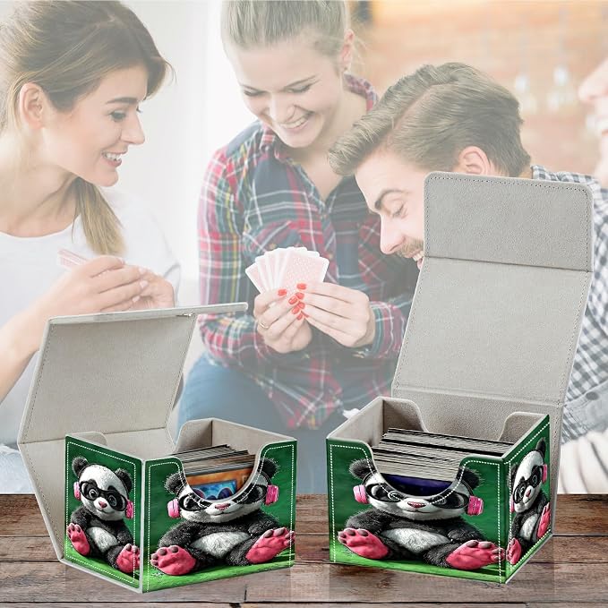 Card Deck Box for MTG, Cards Storage Box Fits 120+ Sleeved, Leather Small Size Strong Magnetic Closing Card Case for Board Games Magic TCG CCG Baseball Collection, Pink Headphones Panda