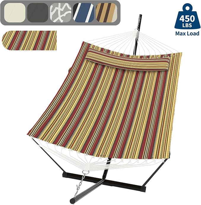 Double Hammock with Stand for 2 Persons, Outdoor Heavy Duty Hammock with Pillow & Balance Rope,450 Lbs Capacity Freestanding Hammock for Patio, Poolside Relaxation, Easy Assembly-Red and yellow stripe