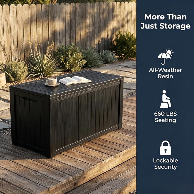 178 Gallon Resin Deck Box with Gas Lift Support – Outdoor Storage for Patio Furniture, Garden Tools & BBQ Accessories – Weatherproof Wood Grain Design with 660 Lbs Bench Seat (Lockable Lid)