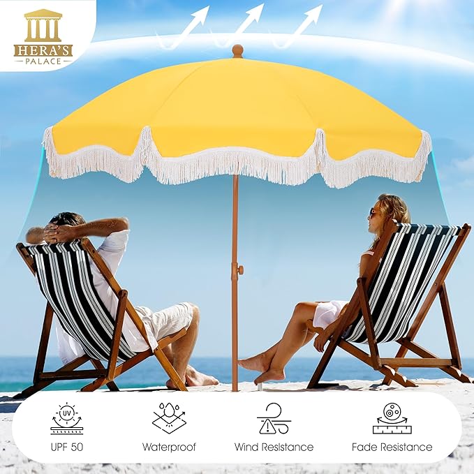 HERA'S PALACE 7ft Heavy Duty Beach Umbrella with Sand Anchor, Fringe Umbrella for Sand, UV 50+, Patio Umbrella with Tilt Pole for Garden Pool Backyard