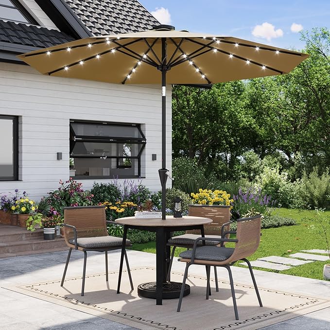Garvee 9/10 FT Solar Patio Umbrella with 32 LED Lights - Outdoor Table Umbrella with Crank Lift, Push Button Tilt and 8 Sturdy Ribs - Market Umbrella UV Protection for Pool, Deck, Yard, Garden