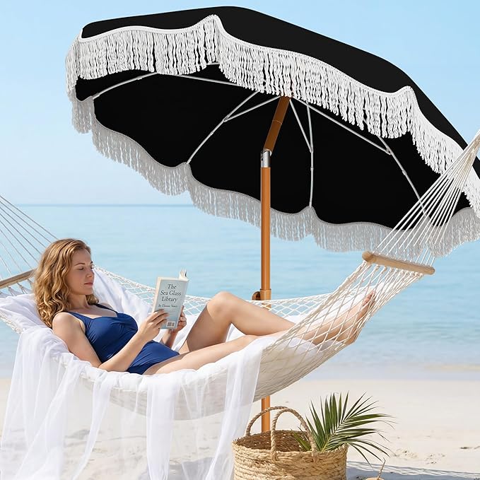AreShark 7ft Patio Umbrella with Fringe, UPF50+ Beach Umbrella for Table, Pool & Garden, Portable Outdoor Tassels Umbrella w/Fiberglass Ribs&Push Bottom Tilt(Black)