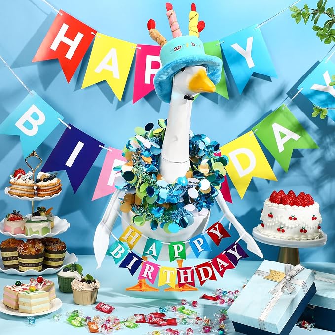 Abbylike 4 Pcs Happy Birthday Porch Goose Outfit for 23" Statues Poseable Porch Goose Wings Birthday Cake Hat for Lawn Patio Outdoor Geese Statue Decoration Accessories(Blue,Classic Style)