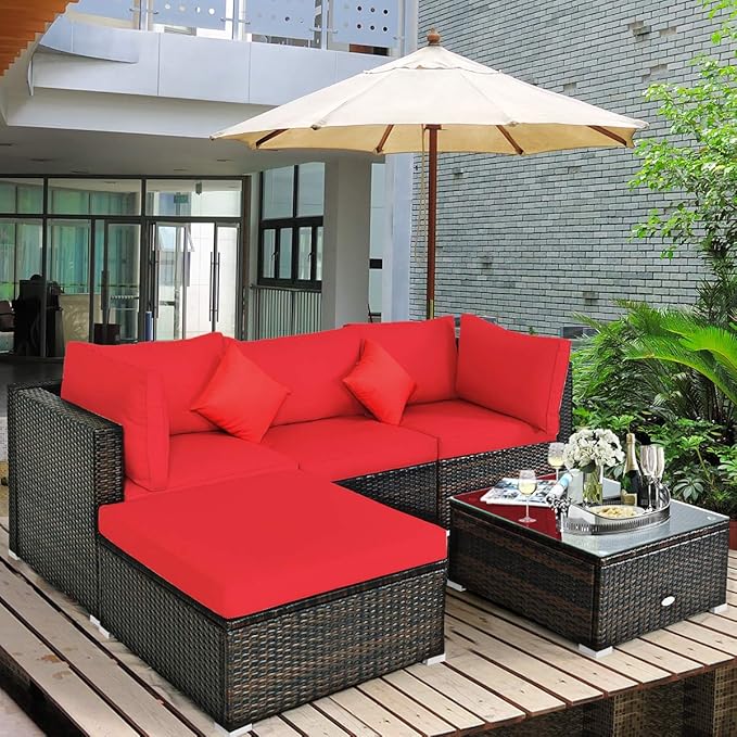 COSTWAY 5-Piece Outdoor Patio Furniture Set, Glass Top Coffee Table and Lounge Sofa with Cushions, PE Rattan Conversation Set for Garden, Deck, Backyard (Red)