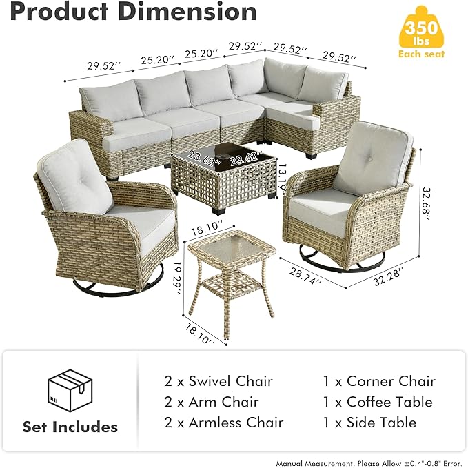 9 Piece Patio Furniture All Weather 7-Seater Outdoor Sectional Sofa with Patio Swivel Chairs and Solar Powered Coffee Table for Porch,Garden,Backyard,Deck(Grey)