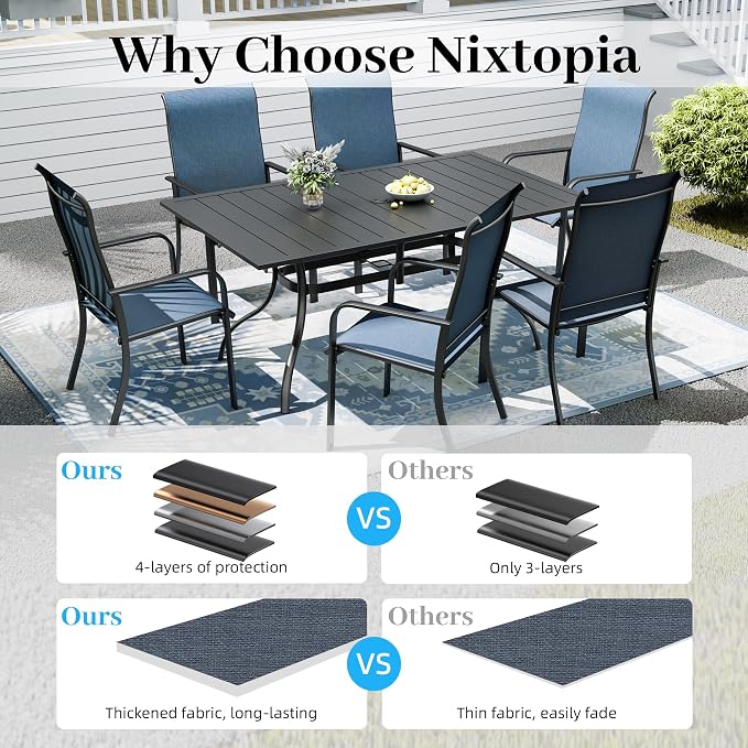 7pcs Patio Furniture Set, Outdoor Dining Table and Chairs Set | 63" Rectangle Metal Patio Table, Textilene Dining Chairs, Double-sized Umbrella Hole, Perfect for Garden Backyard Poolside