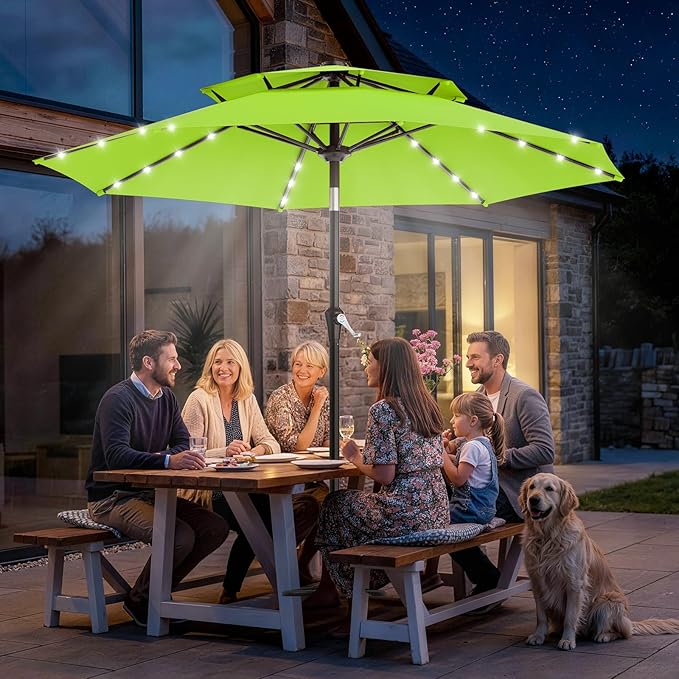 AreShark 9ft 2 Tiers Patio Umbrella with Solar Lights, Outdoor Umbrella w/ 32 LED Lights&8 Sturdy Ribs, Table Umbrella for Deck, Backyard, Pool(Apple Green)
