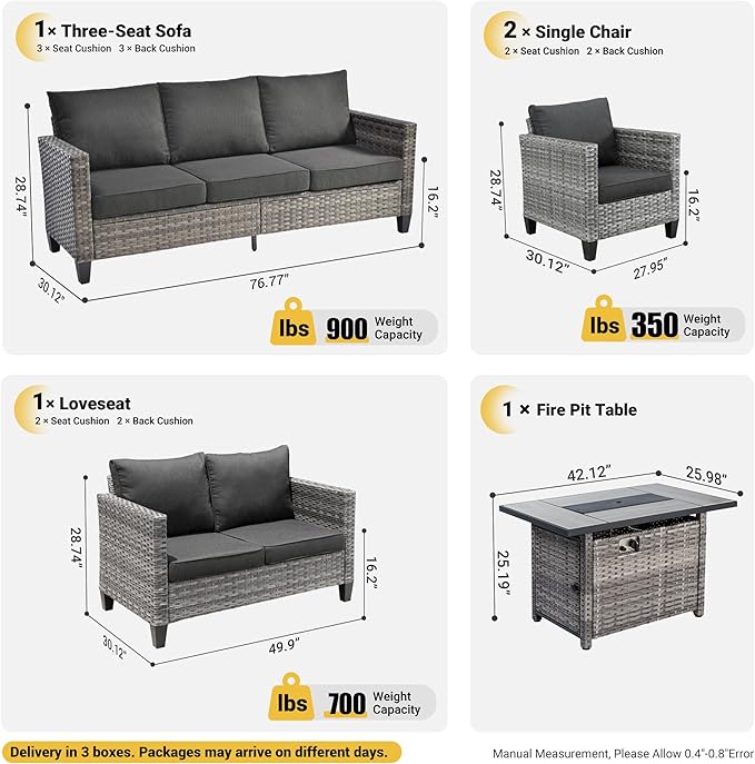 ovios 5 Pieces Patio Furniture Set, Outdoor Wicker Rattan Sofa Couch with 42" Fire Pit Table, Loveseat Chairs, Conversation Sets for Yard Porch Garden, Black