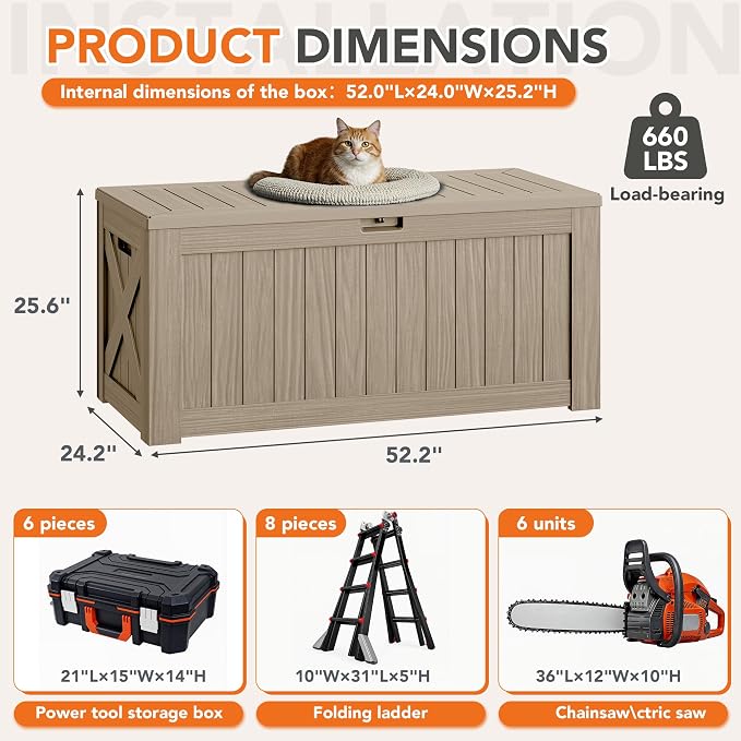 130 Gallon Deck Box Outdoor Indoor Waterproof Storage Box for Patio Furniture, Pool Accessories, Garden Tools, and Cushion Storage, Coffee