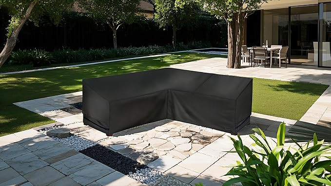 NettyPro Outdoor Sectional Sofa Cover 92 Inch, 600D Heavy Duty Waterproof Patio Lawn Furniture V-Shaped Lounge Set Couch Cover, Black