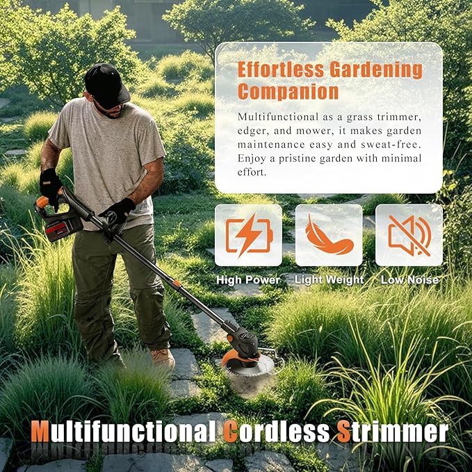 21V Electric Weed Wacker Cordless String Trimmer Battery Powered Grass Trimmer with 90° Adjustable Head 2 X 2.0Ah Battery and Charger Lightweight Brush Cutter Edger Lawn for Garden (Black)