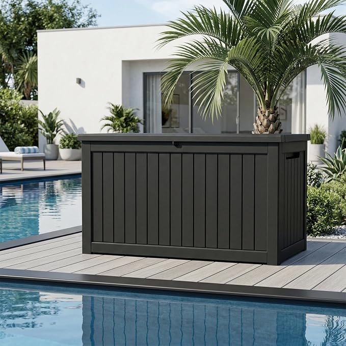 Vixzen 280 Gallon Outdoor Storage Box Waterproof, Large Lockable Resin Deck Box with lid for Patio Furniture Cushions, Weatherproof Storage Boxes for Garden Tools Pool Accessories (Black, 280 Gallon)