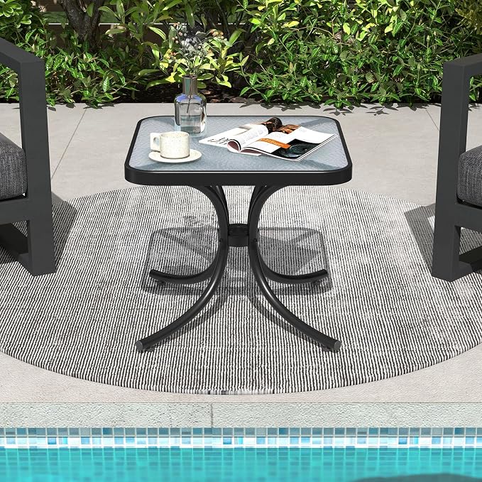 Giantex Small Outdoor Side Table with Tempered Glass Top Set of 2, Heavy-Duty Metal Frame, 110 Lbs Capacity, Square Patio Table for Balcony, Porch, Backyard, Deck, Black