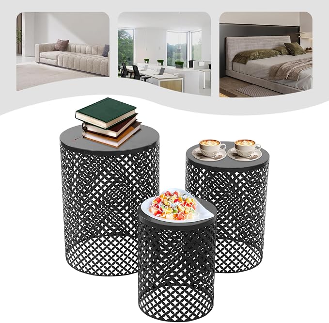 Metal Frame Accent Table,Cylindrical Outdoor Side Table,Decorative Garden Stool,Set of 3 Nesting Side Table,Modern Decorative Garden Stool for Patio Balconies Cafes Parks (3, Black)