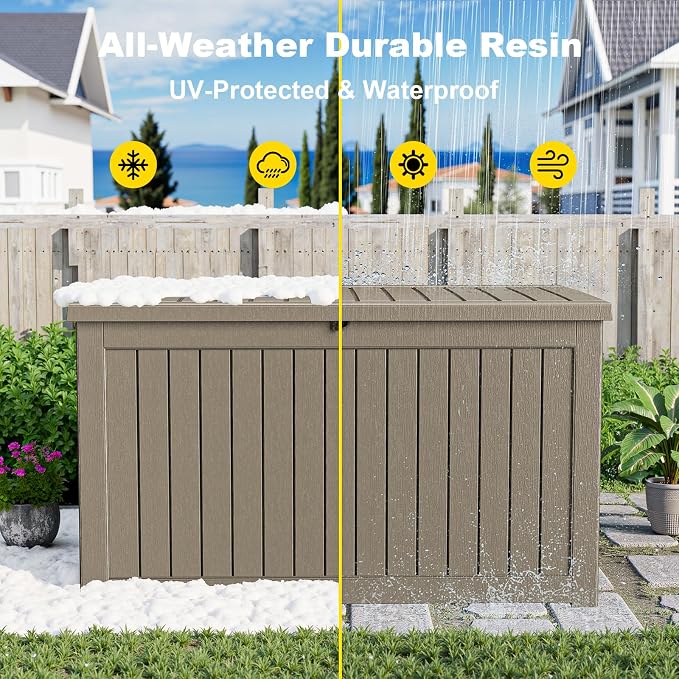 DRATO 280 Gallon Outdoor Storage Box Waterproof, Resin Large Deck Box for Patio Furniture Bench, Pool Garden Tools, Weatherproof Outside Storage Bin for Backyard Porch (Grey, 280 Gallon)