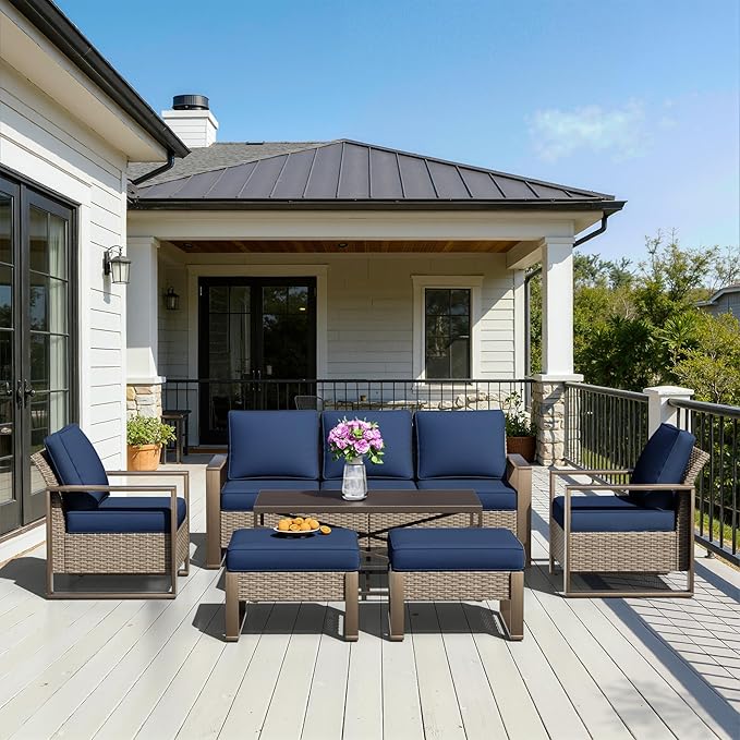 6 Pieces Metal Wicker Patio Furniture Set - 75" Sofa, 2 Armchairs and 2 Ottomans, 1 Coffee Table All Weather Rattan Outdoor Conversation Furniture with Washable Cushion for Deck Porch, Dark Blue