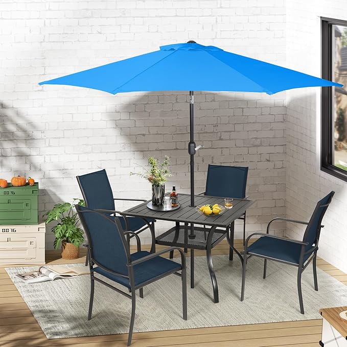 Crownland 5 Piece Patio Dining Set, Textilene Dining Sets, 4 Textilene Metal Chairs and Square Outdoor Dining Table with Sky Blue 9FT Round Outdoor Umbrella