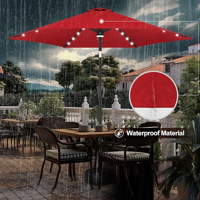 FLAME&SHADE 10ft Solar Outdoor Umbrella - 24 LED Lighted Patio Umbrella with Centre Surround Light, Table Umbrellas with Tilt & Crank for Pool, Porch, Garden, Deck, Backyard UV Protection (Red)