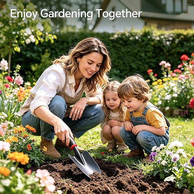 Vinid 4-Piece Heavy-Duty Garden Tool Set, Wide & Narrow Trowel, Root Remover, 3-Tine Cultivator, Hand Rake with Soft Rubber Non-Slip Handle, Idea Gift for Women, Mother