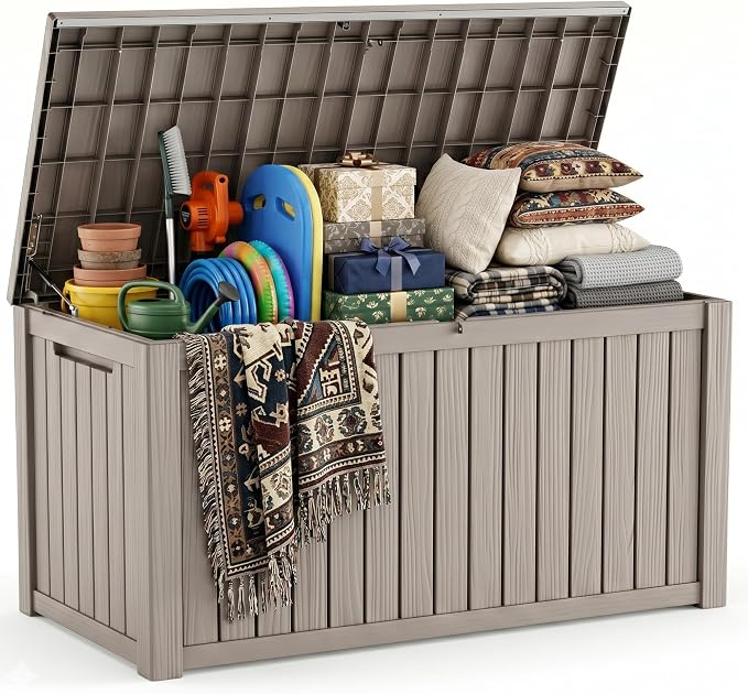 230 Gallon Outdoor Storage Box, Large Resin Deck Box, Waterproof Lockable Storage Container Bins, Reinforced Stability for Patio, Garden and Poolside, Grey