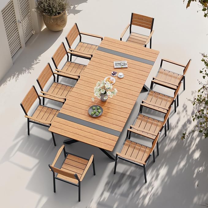 Pellebant 11 Piece Patio Table and Chairs Set, Aluminum Outdoor Dining Set with Umbrella Hole, 94" Dining Table & Stackable Chairs, Weather Resistant Teak Wood Grain Finish for Deck, Porch, Backyard