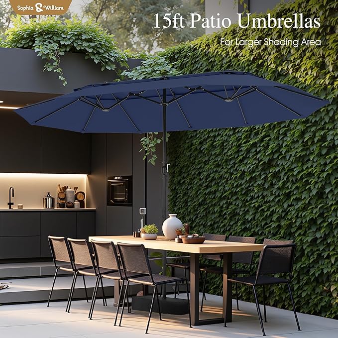 Sophia & William 15ft Extra Large Patio Umbrella with Base Included, 2-Tier Double-Sided Rectangle Outdoor Umbrella with Stand, Market Umbrella for Pool Garden Backyard, Navy Blue