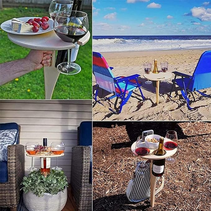 Outdoor Wooden Folding Wine Table, Ground Insert with Glass Holder | Solid Rubber Wood, Detachable Foldable, Bottle Glass Holder, Easy to Store, for Lawn Garden Picnic Beach
