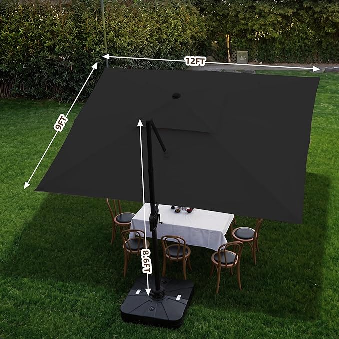 9 X 12 FT Cantilever Outdoor Patio Umbrella with Base Included Large Heavy Duty 360° Rotation Double Top Offset Rectangular Umbrellas with LED Lights for Backyard Outside Deck, Black