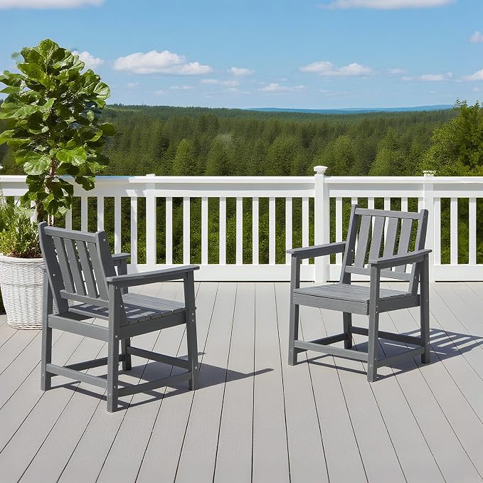Outdoor Patio Chair, All-Weather HDPE Outdoor Furniture Chairs with Armrest and Backrest, 300 LBS Support Garden Patio Dining Chair for Poolside, Deck and Porch, Grey