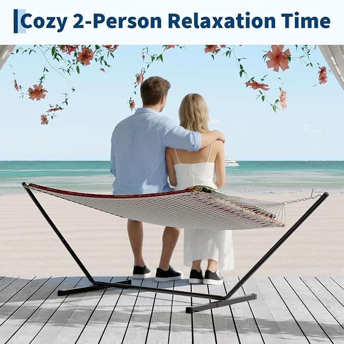 Double Spreader Bar Hammock with Stand, 2-Person, 12ft, 450lbs Capacity | quick-dry, UV-resistant, detachable pad & pillow, side pockets, for patio/backyard/garden/beach, Red-Yellow Stripe