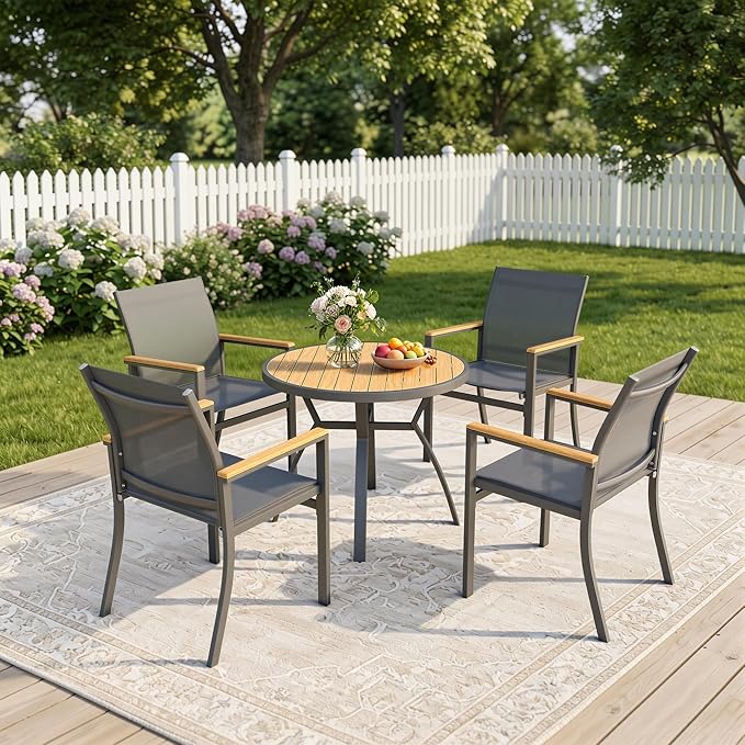 5-Pieces Aluminum Patio Table and Chairs Set, Outdoor Patio Furniture Set with Heavy Duty HDPS Round Table, All-Weather Outdoor Dining Set with Breathable Quick-Drying Textilene Chairs for Patio