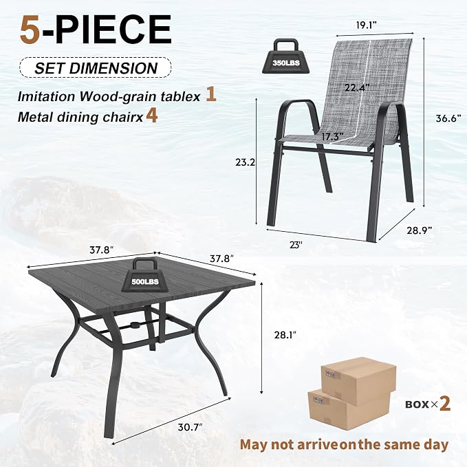 Outdoor Dining Set for 4, Patio Metal Table and Chairs Set with 1.97'' Umbrella Hole, 5pcs Patio Furniture Set 37.8”x37.8” Dining Table Set with Stackable Chairs for Backyard Pool Deck