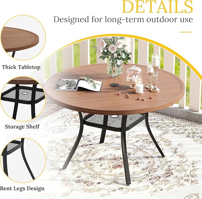 VICLLAX Patio Dining Set for 4, 5 Pieces Outdoor Furniture Set- 40.7" Round Outdoor Table and Swivel Padded Chairs, Walnut Tabletop and Mixed Brown Fabric