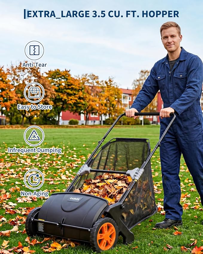 21-Inch Push Lawn Sweeper, 3.5 Cu. Ft. Hopper Leaf & Grass Collector, 4 Spinning Brushes, Adjustable Brush Height, Manual Yard Sweeper for Grass Clippings, Leaves & Light Debris, Black & Orange