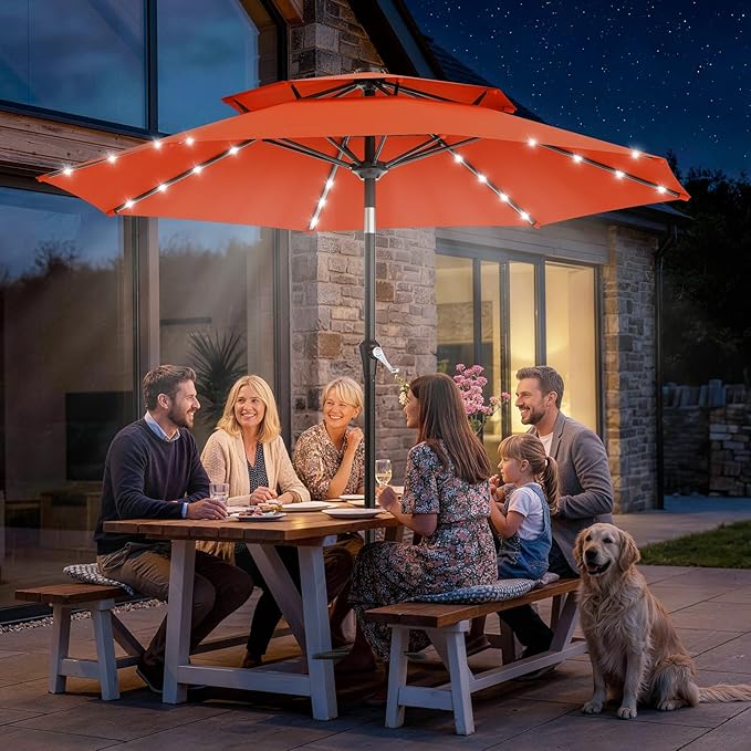 AreShark 9ft 2 Tiers Patio Umbrella with Solar Lights, Outdoor Umbrella w/ 32 LED Lights&8 Sturdy Ribs, Table Umbrella for Deck, Backyard, Pool(Orange)