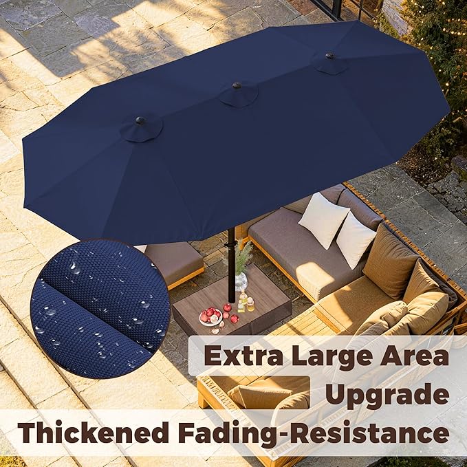 GDPFN 13FT Large Patio Umbrella, Outdoor Deck Standing Umbrella with Crank Handle, Double-Side Rectangular Pool Umbrella for Outside, Market, Patio, Navy Blue (Base Not Include)