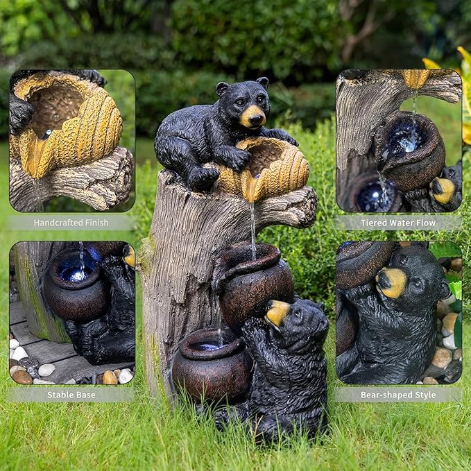 Water Fountain Outdoor Bear Shaped with LED Lights, Cascading Water Feature for Patio Yard Balcony Garden, Ideal Gift for Housewarming & Garden Lovers
